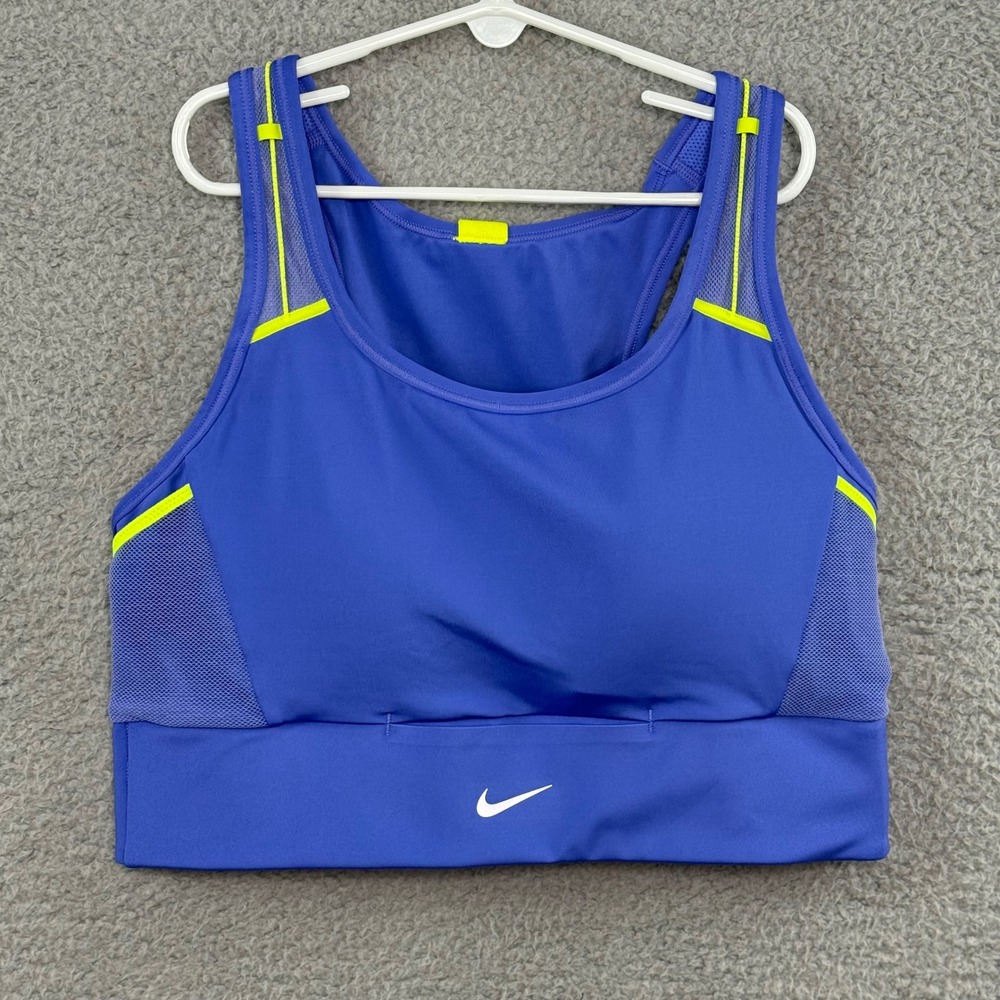Nike Dri-FIT Womens Sports Bra Blue Neon Yellow Mesh Pockets CJ0708-480 Large
